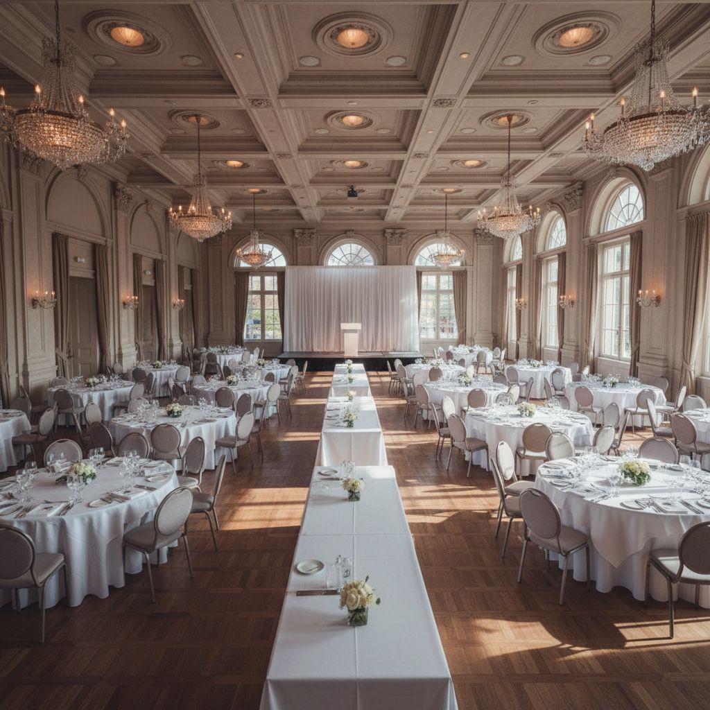 Различные типы столов для мероприятий, аккуратно расставленные в зале, как ключевые факторы успешной организации события.