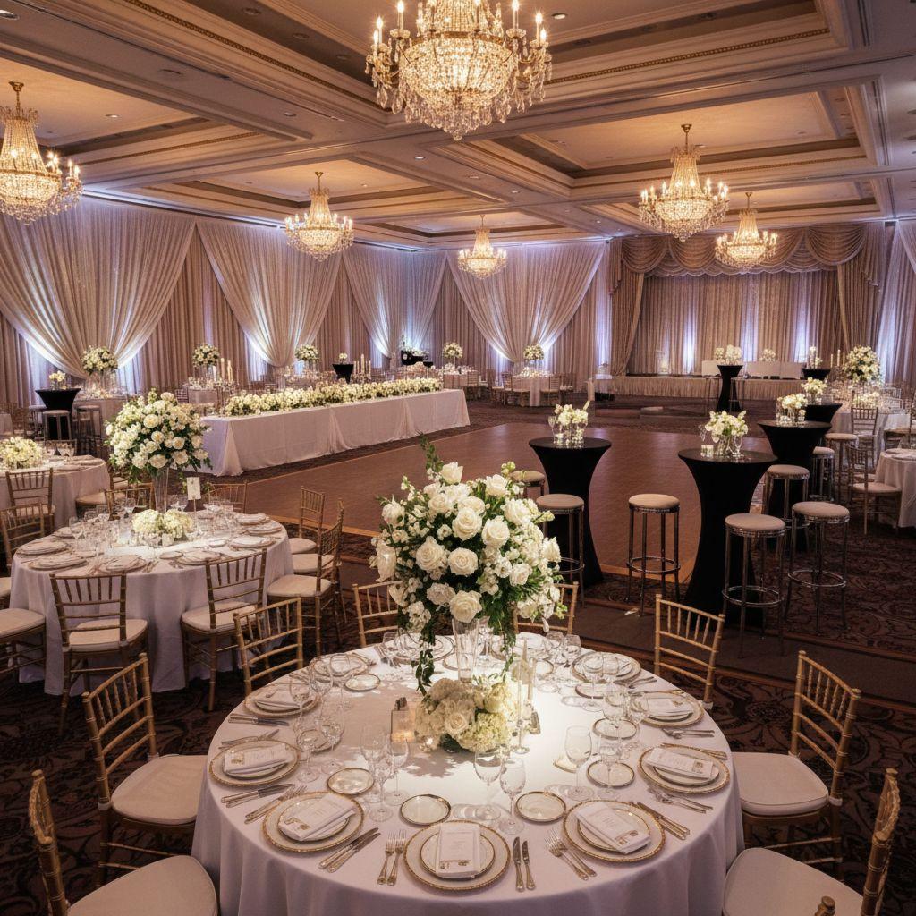 Различные виды столов для мероприятий: круглые банкетные и высокие фуршетные, подготовленные к приему гостей в элегантном зале.