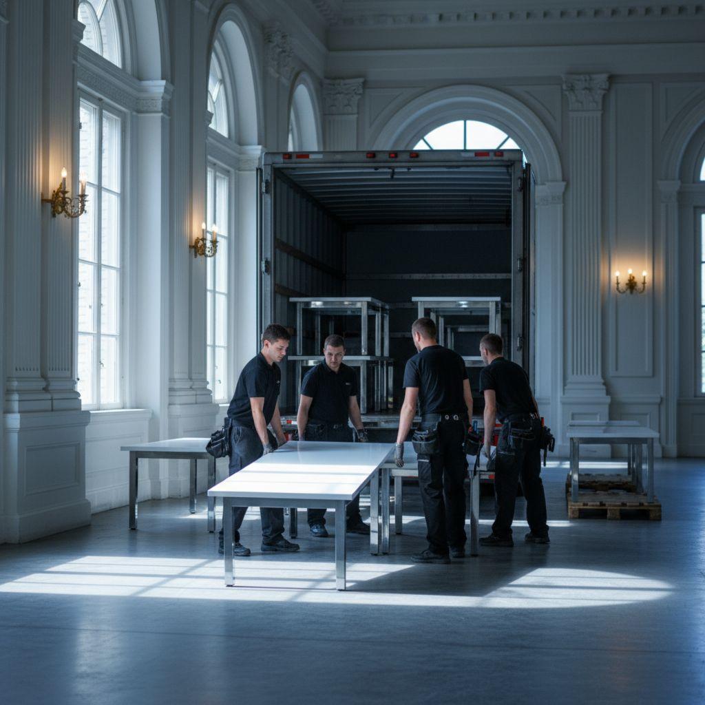 Команда специалистов по логистике аккуратно разгружает столы для мероприятия, демонстрируя важный этап процесса аренды.