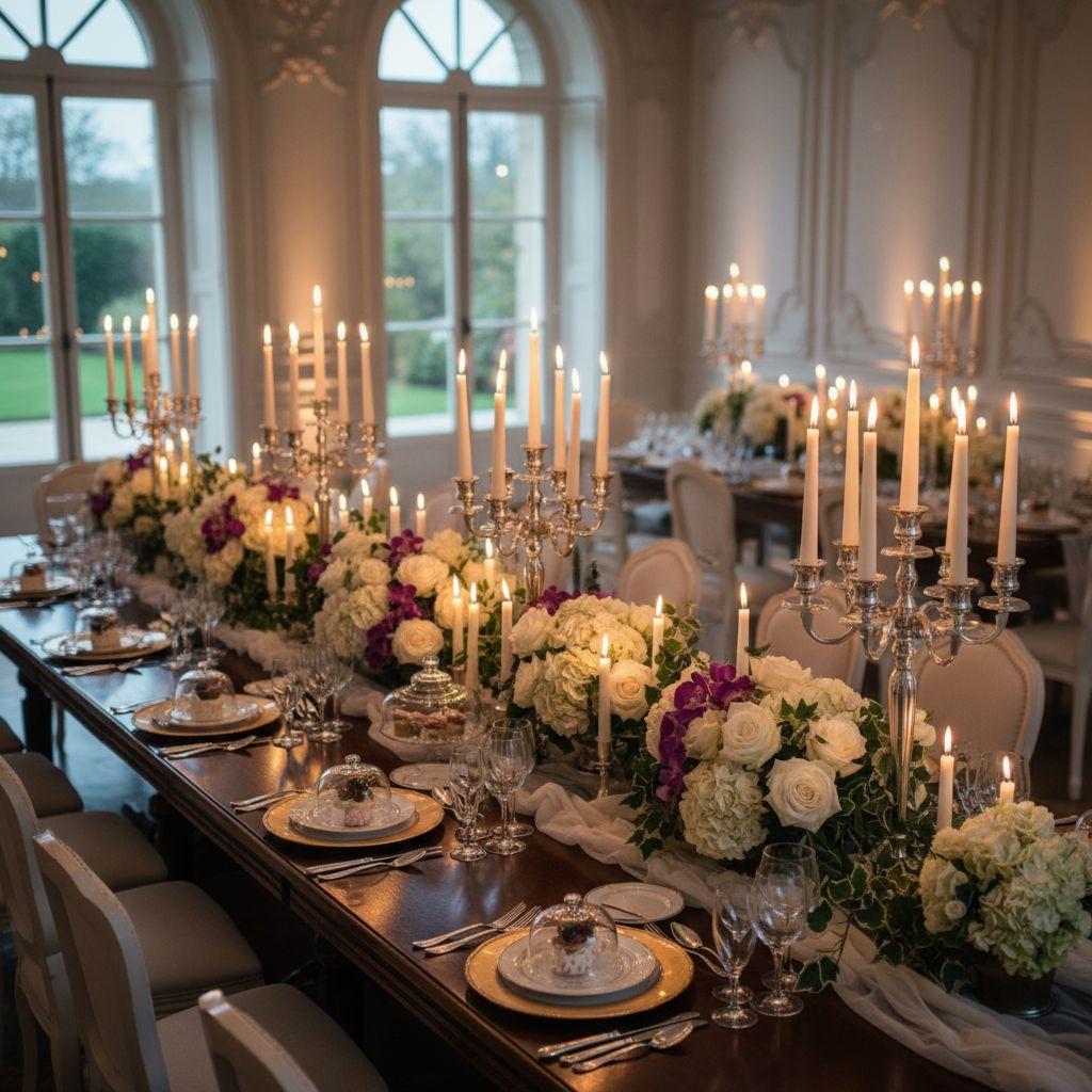Красиво оформленный банкетный стол с цветочными композициями и свечами, готовый к приему гостей на мероприятии.