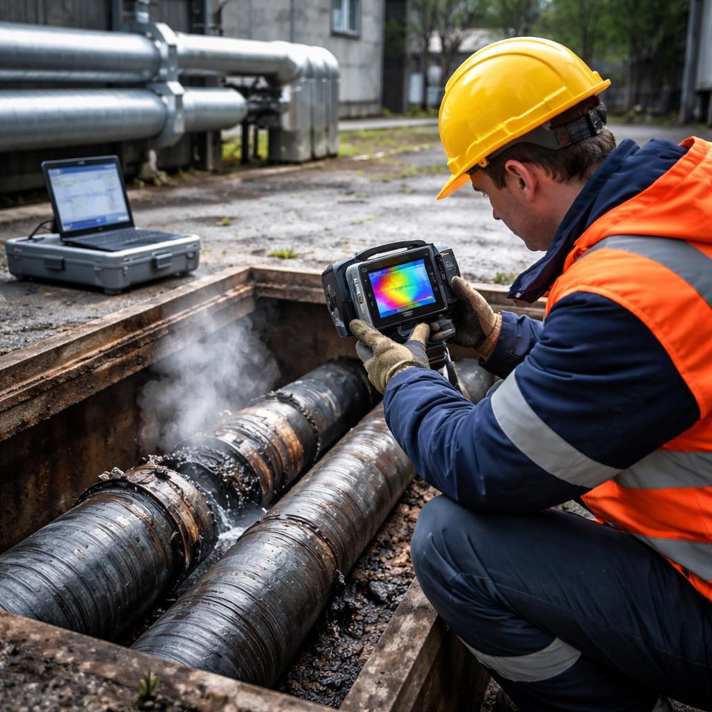 Специалист проверяет состояние трубопроводов тепловой сети и фиксирует утечку теплоносителя с использованием тепловизионного оборудования.